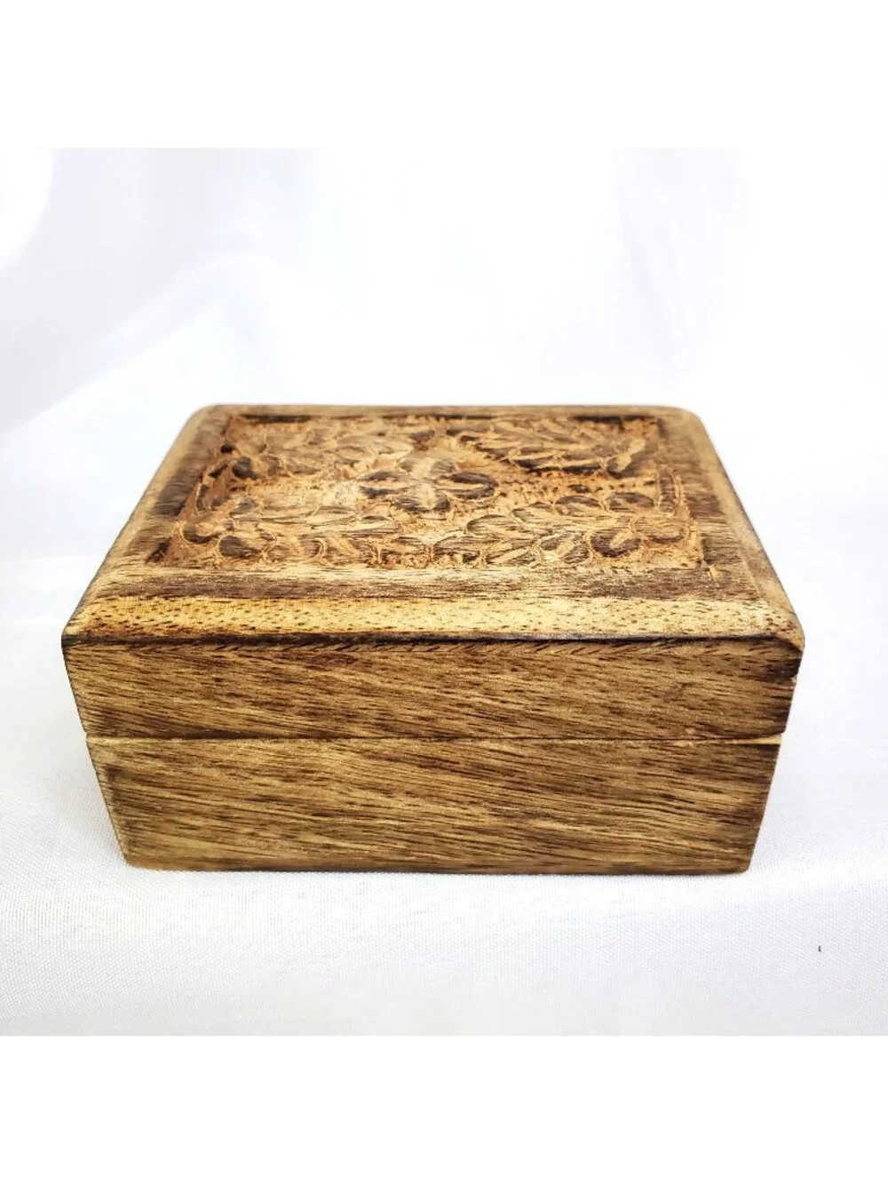 Vintage Hand Carved Wood Floral Hinge Lid Trinket Box Made In India 3 X 4 Inch